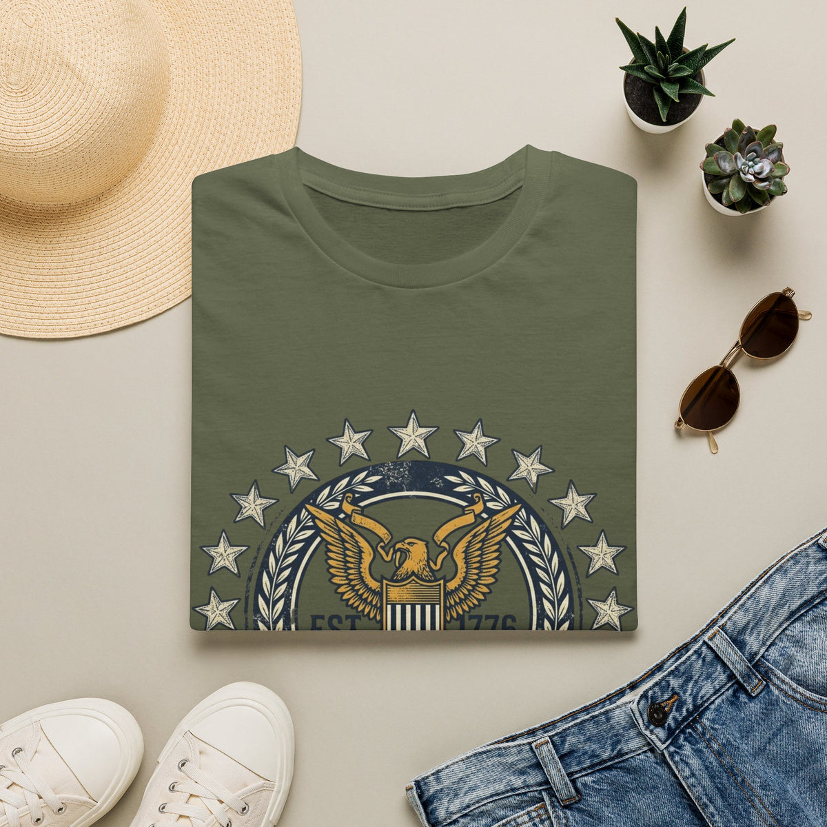 Vintage American Eagle crest T-Shirt | EST. 1776, stars wreath
